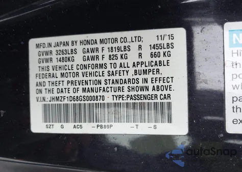 2016 Honda Cr-Z Ex/Ex-L Navi from USA, damaged, VIN JHMZF1D68GS000870